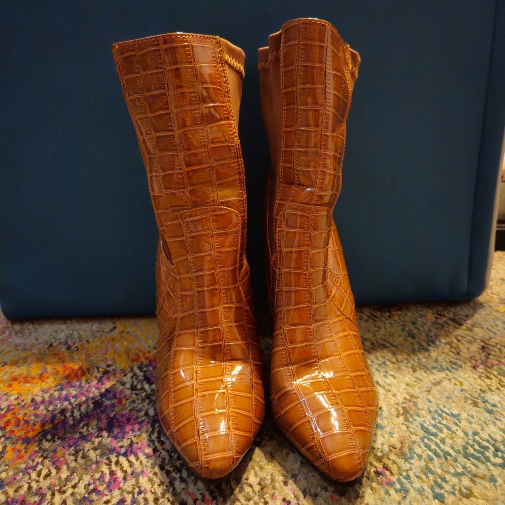 Womens Cognac Crocodile Embossed Ankle Boots Pointed Toe Block Heel Pull On 6‎ - Picture 3 of 6